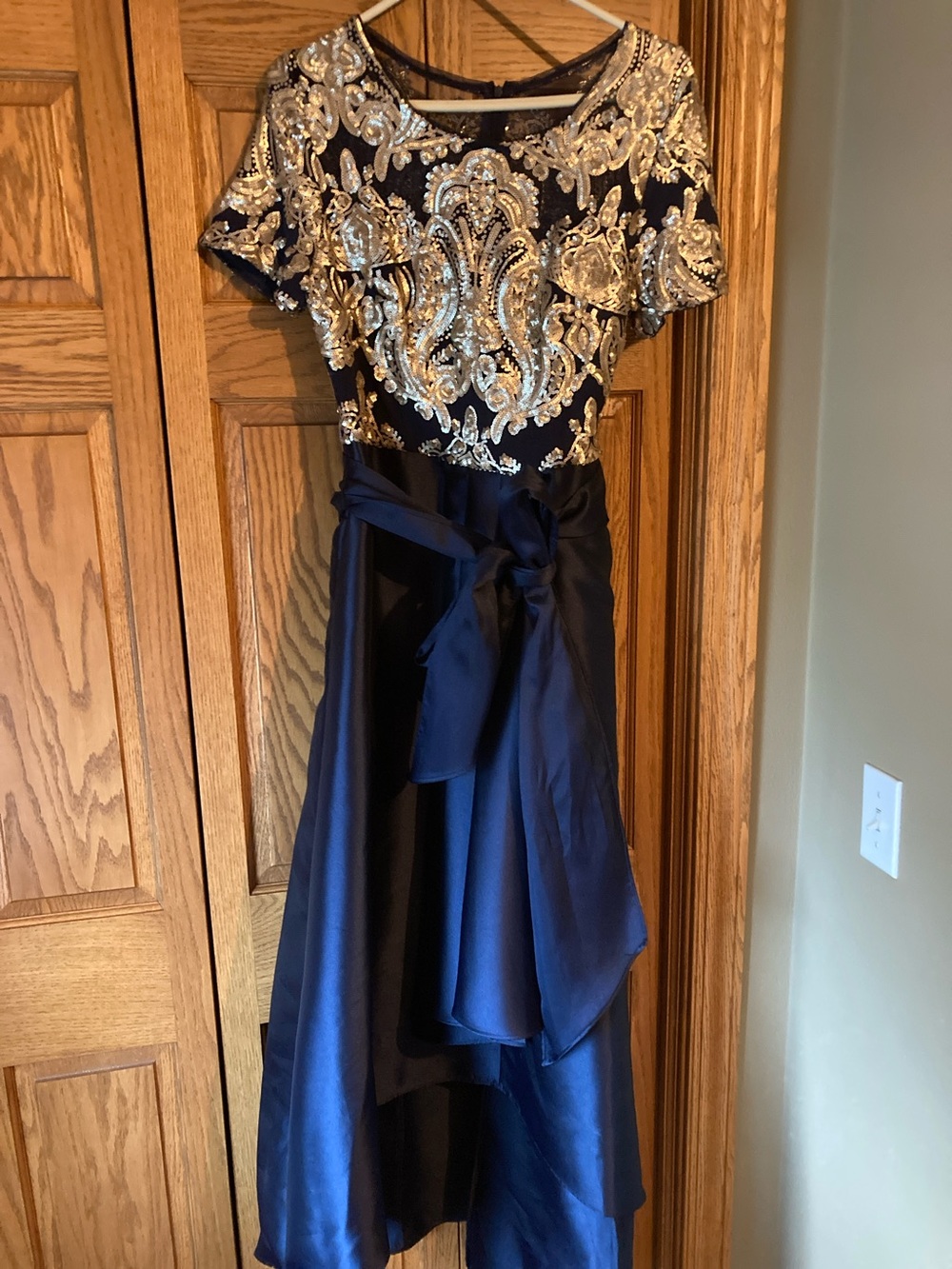 Womens Navy Blue Dress with Gold Sequin Bodice and Satin Sash